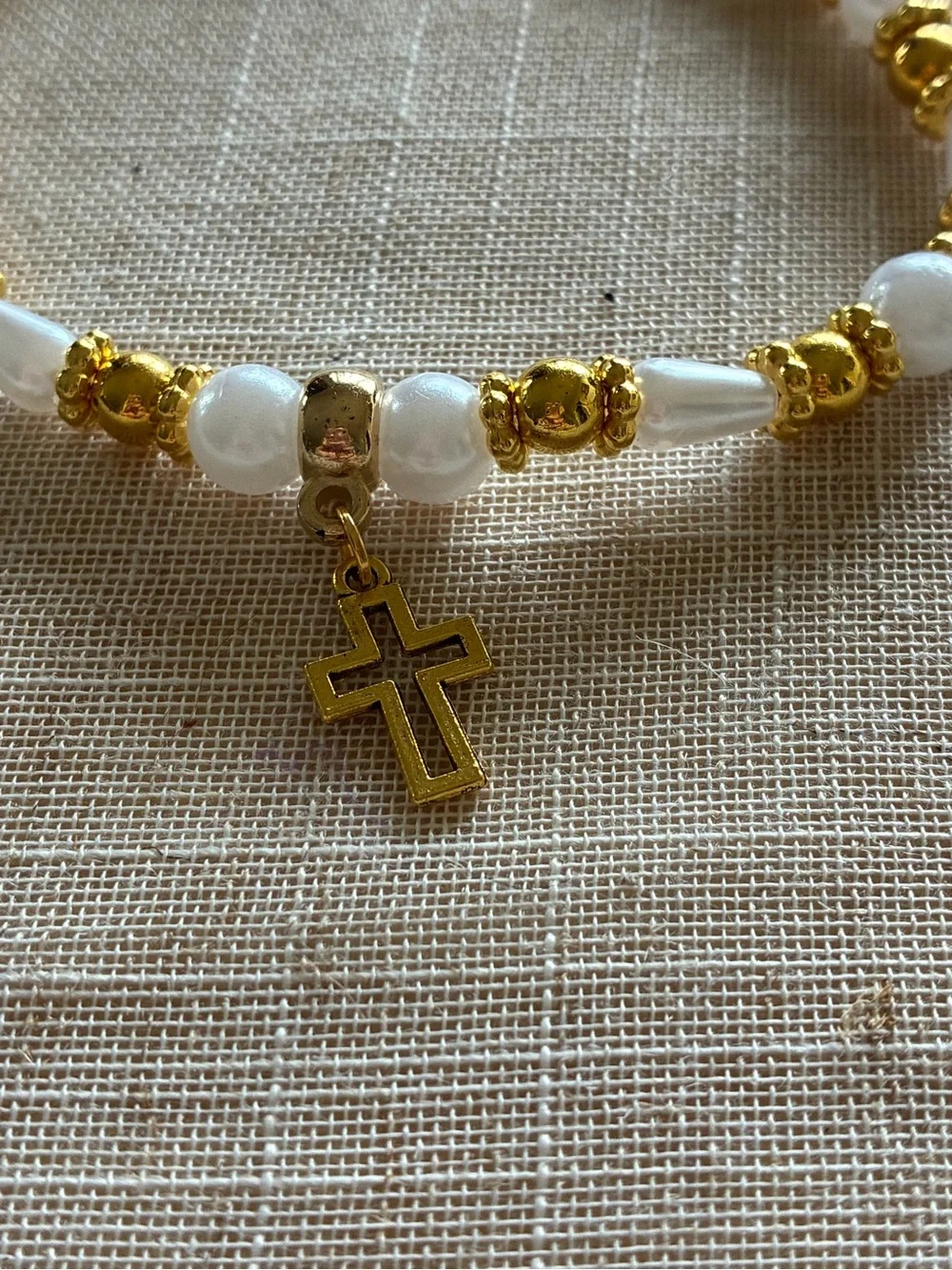 Gold & White Beaded Cross Bracelet, anklet and Earring Set